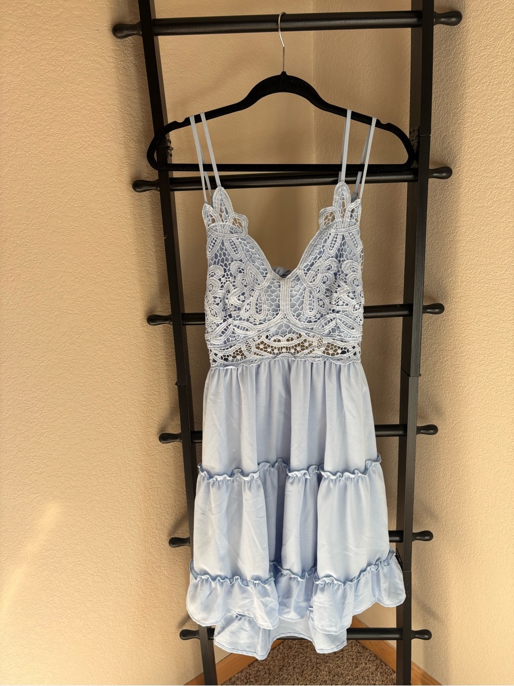 Main Strip Pale Blue Lace-Tiered Mini Dress